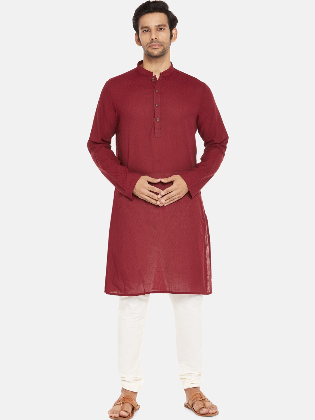 

indus route by Pantaloons Men Maroon Dobby Pure Cotton A-line Kurta