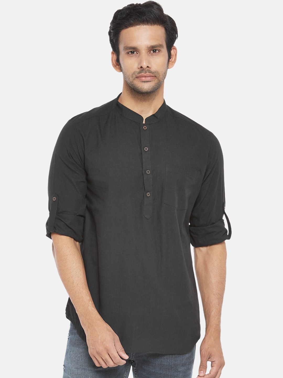 

indus route by Pantaloons Men Black Pure Cotton Kurta