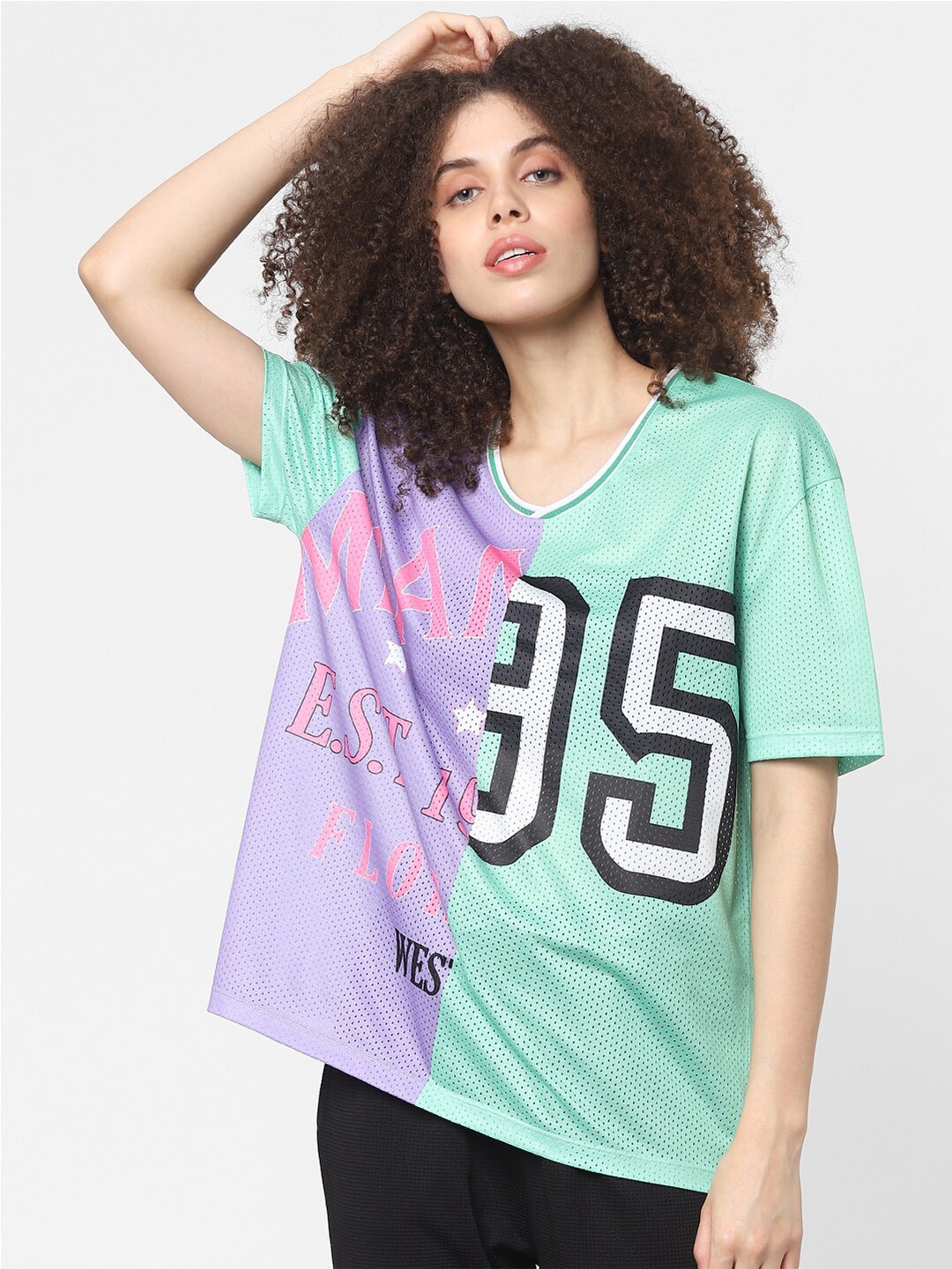 ONLY Women Green Typography Printed V-Neck T-shirt