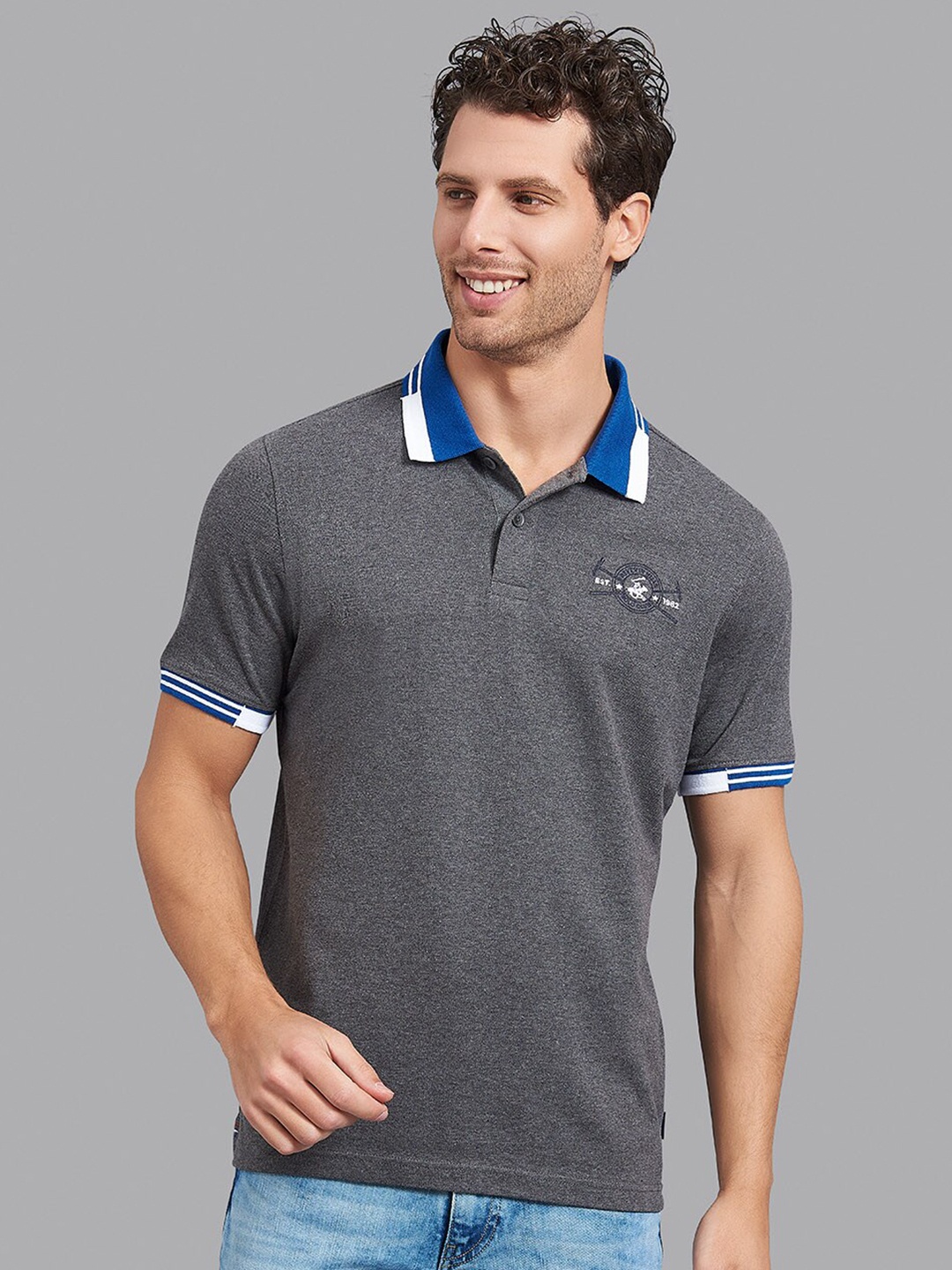 

Beverly Hills Polo Club Men Grey & Blue Colourblocked Polo Collar T-shirt