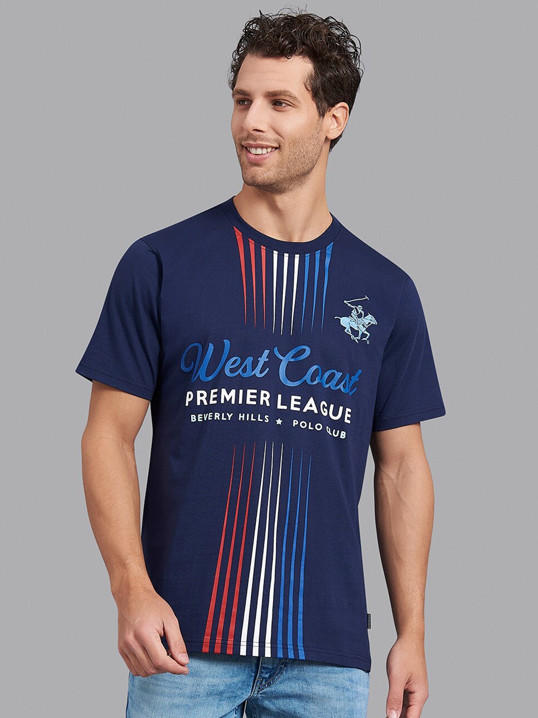 

Beverly Hills Polo Club Men Navy Blue & White Cotton Striped T-shirt