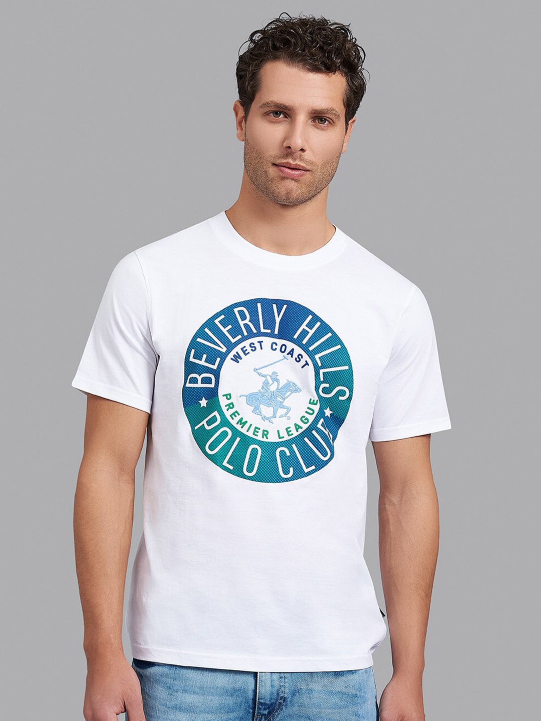 

Beverly Hills Polo Club Men White & Blue Cotton Printed T-shirt