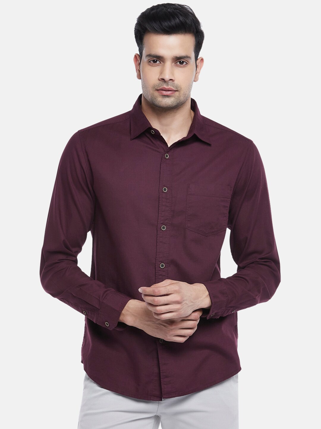 

BYFORD by Pantaloons Men Burgundy Slim Fit Pure Cotton Casual Shirt