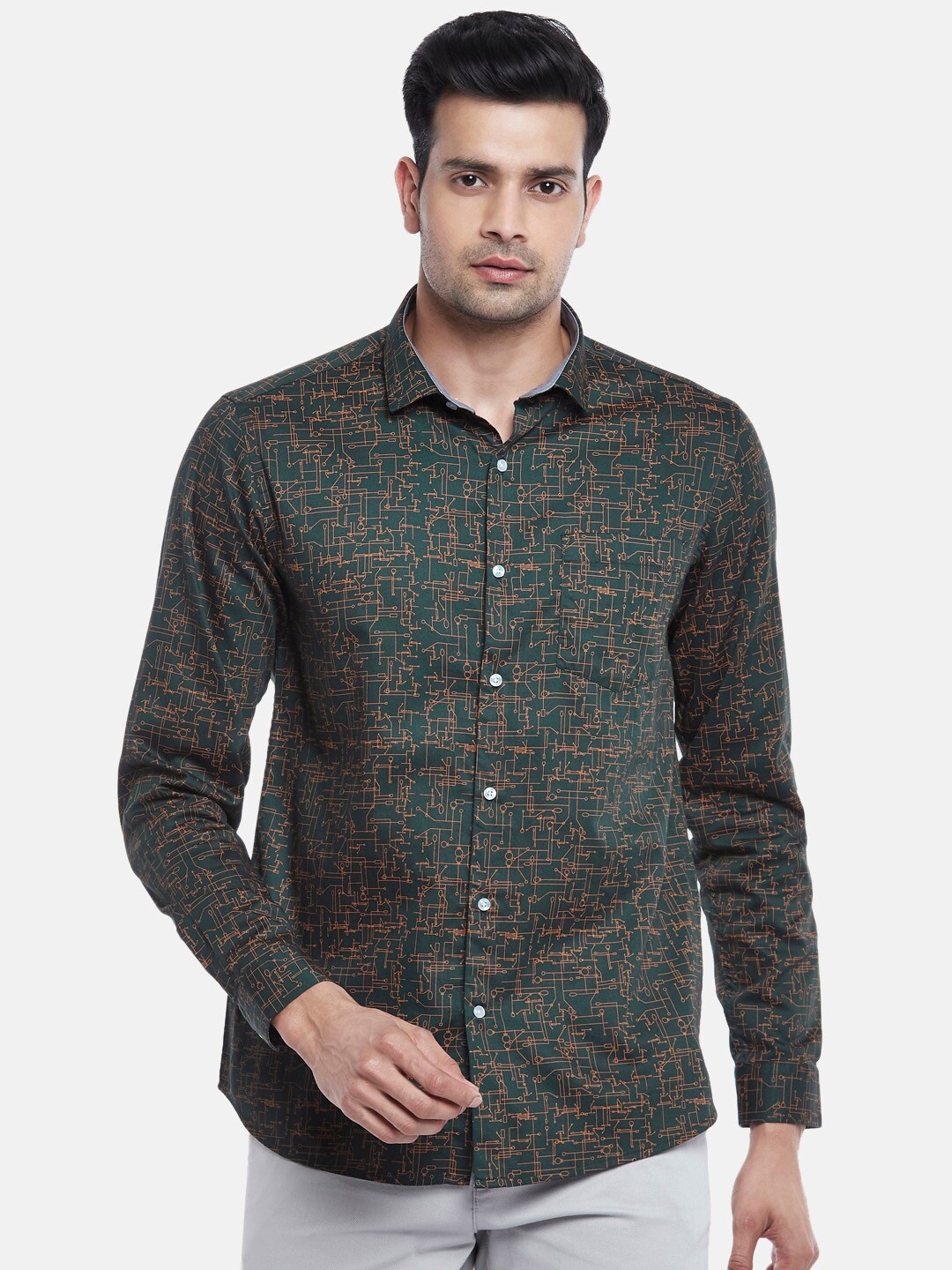 

BYFORD by Pantaloons Men Green Slim Fit Printed Pure Cotton Party Shirt