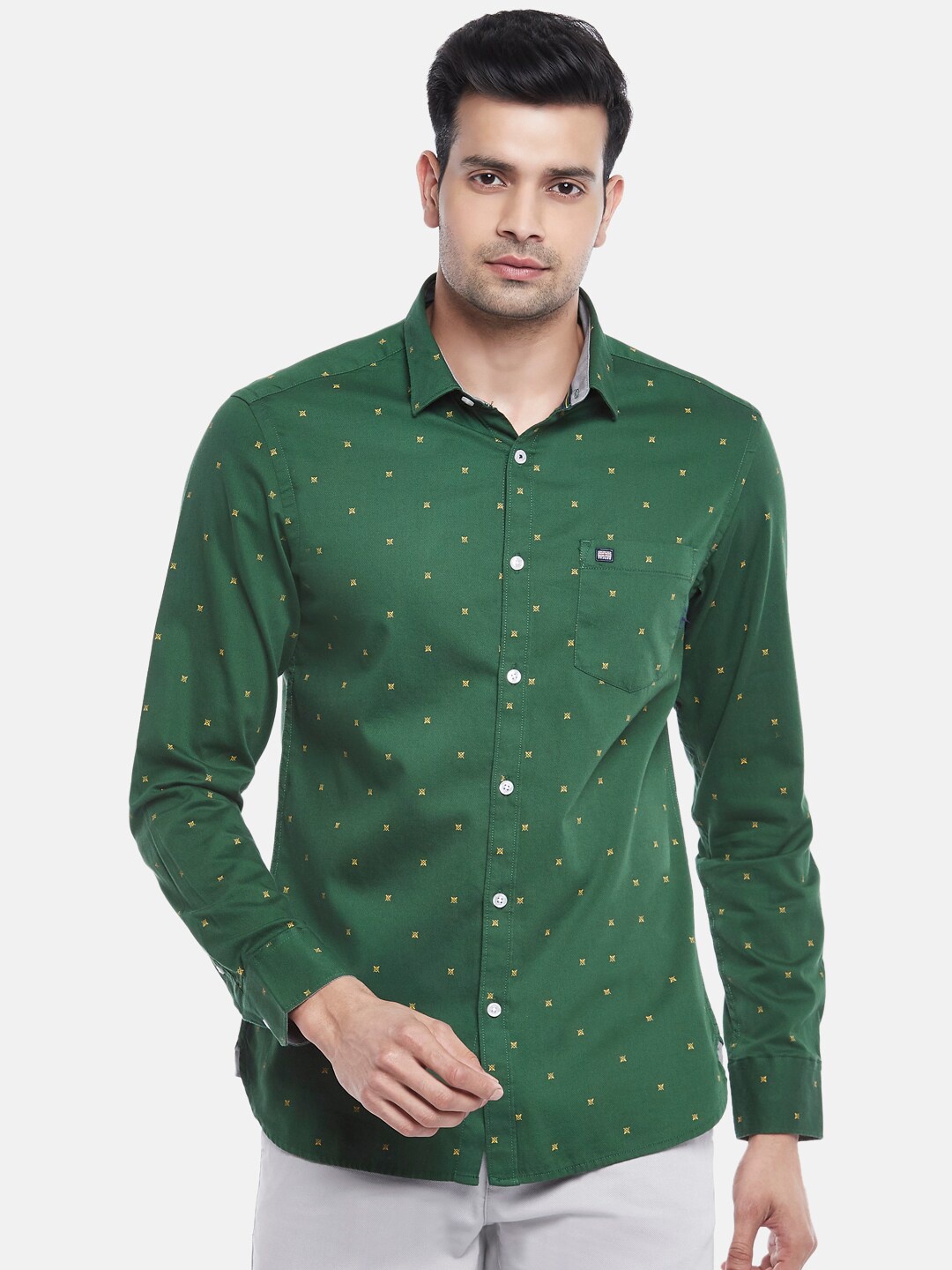 

BYFORD by Pantaloons Men Green Slim Fit Micro Ditsy Printed Pure Cotton Casual Shirt