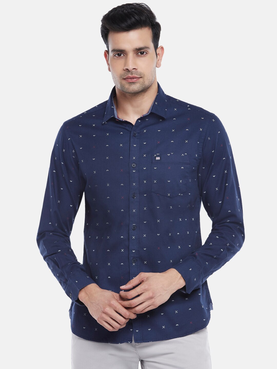 

BYFORD by Pantaloons Men Navy Blue Pure Cotton Slim Fit Printed Casual Shirt
