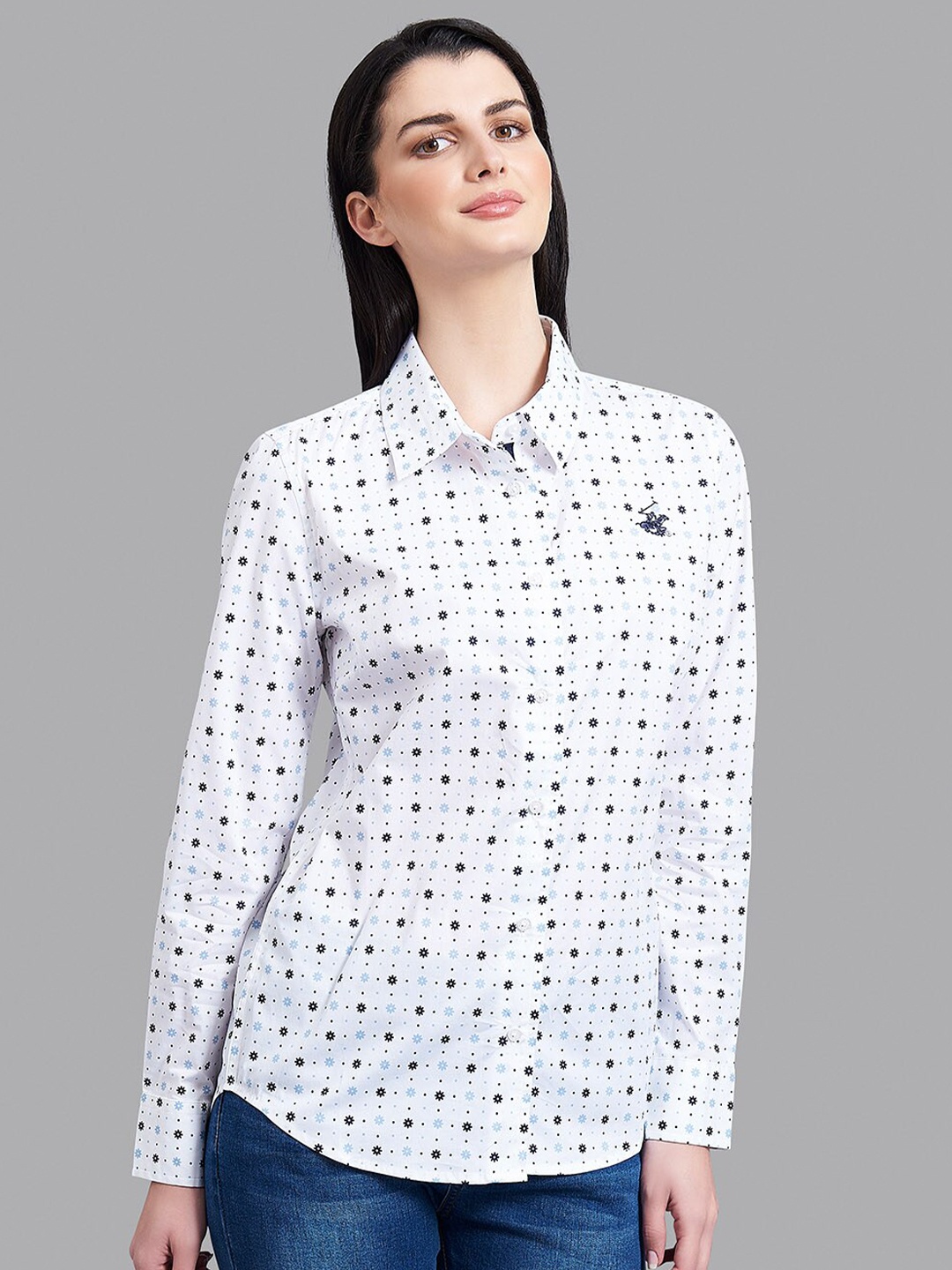 

Beverly Hills Polo Club Women White & Blue Printed Casual Shirt
