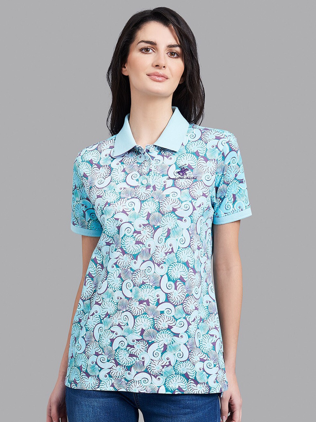 

Beverly Hills Polo Club Women Sea Green Floral Printed Polo Collar T-shirt