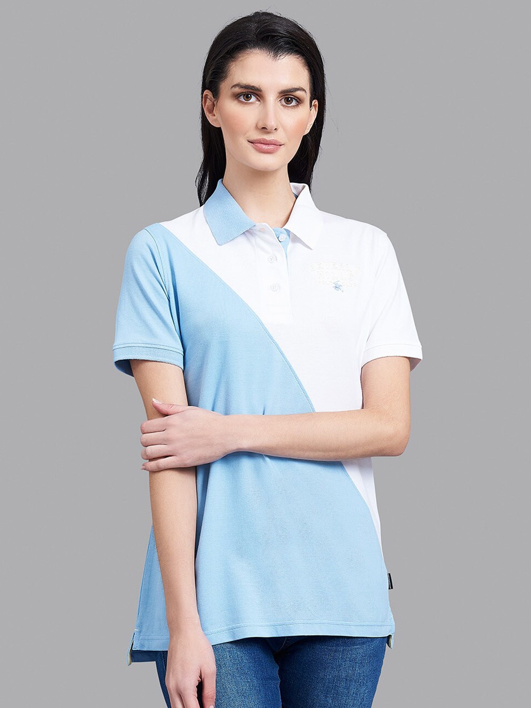 

Beverly Hills Polo Club Women Blue Colourblocked Polo Collar T-shirt
