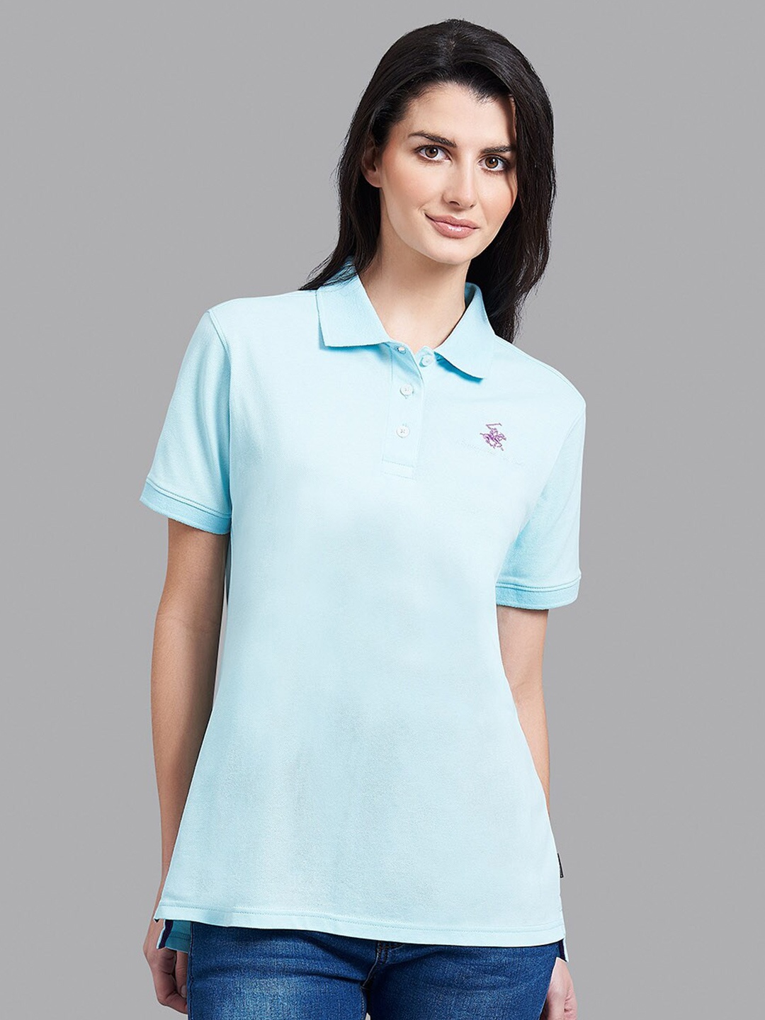 

Beverly Hills Polo Club Women Blue Polo Collar T-shirt