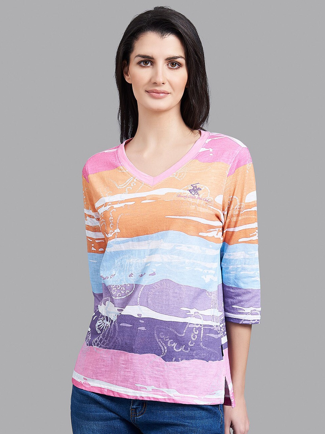 

Beverly Hills Polo Club Women Blue & Orange Printed V-Neck T-shirt