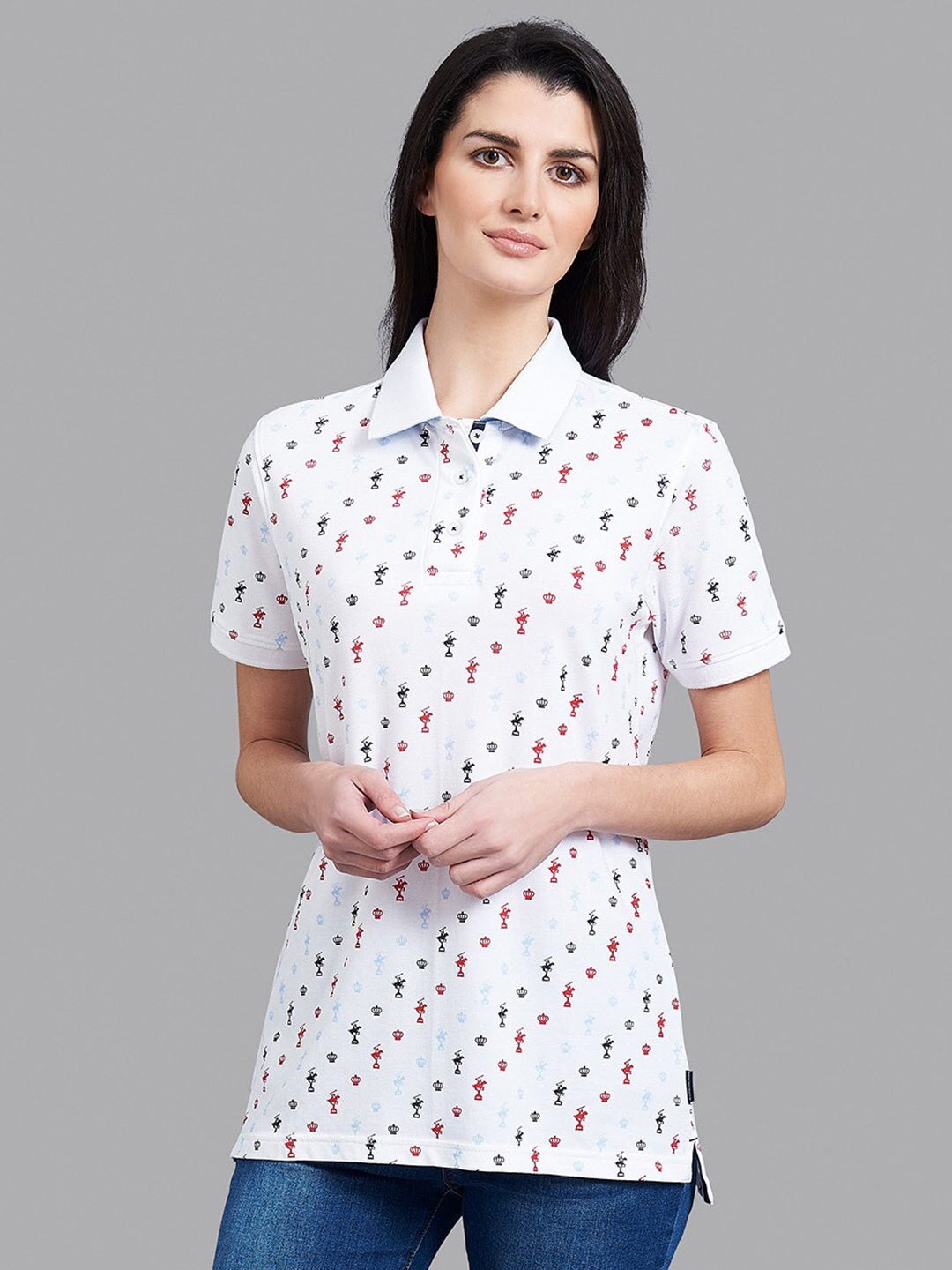 

Beverly Hills Polo Club Women White & Red Printed Polo Collar T-shirt