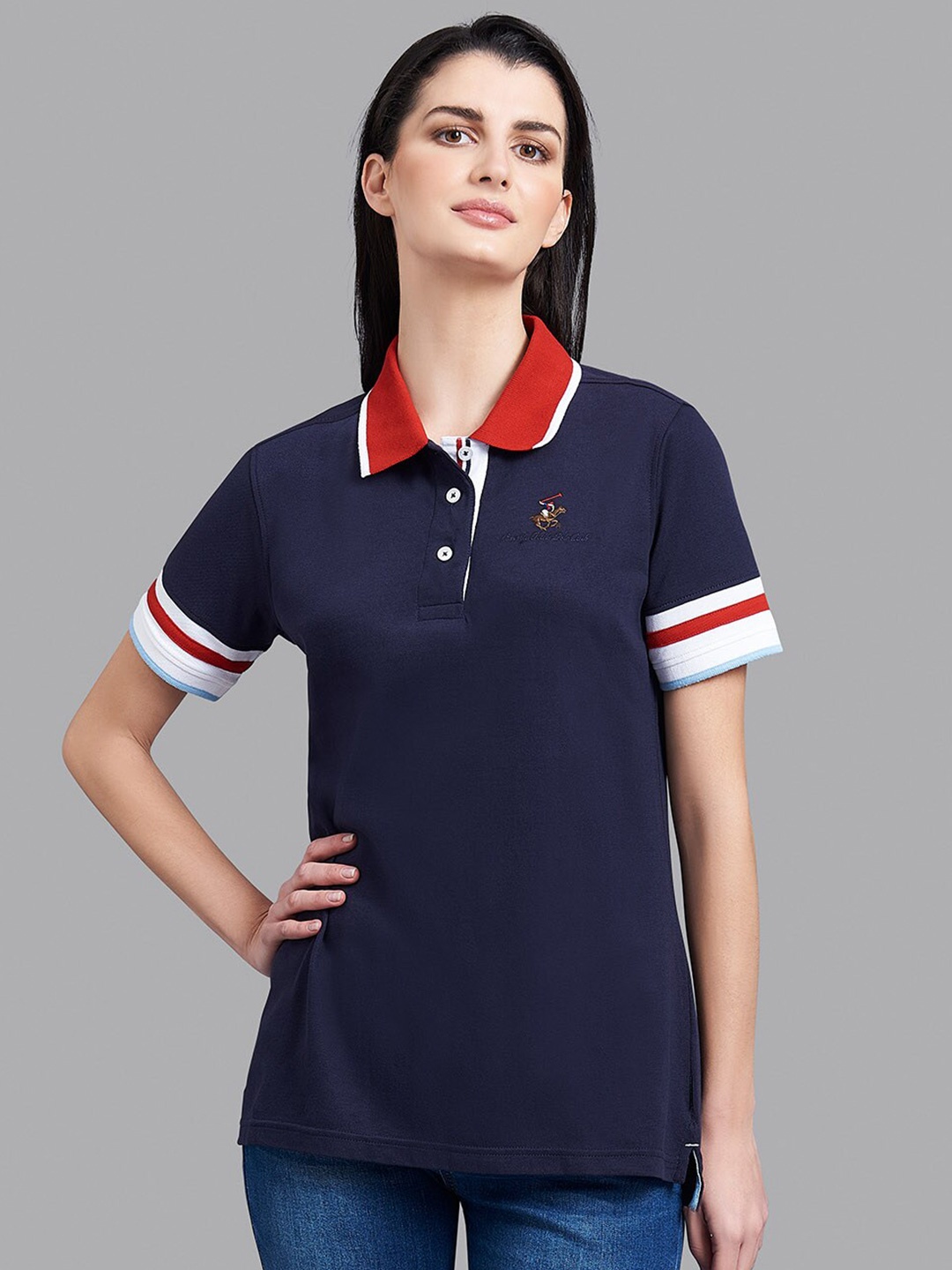 

Beverly Hills Polo Club Women Navy Blue & Red Polo Collar T-shirt