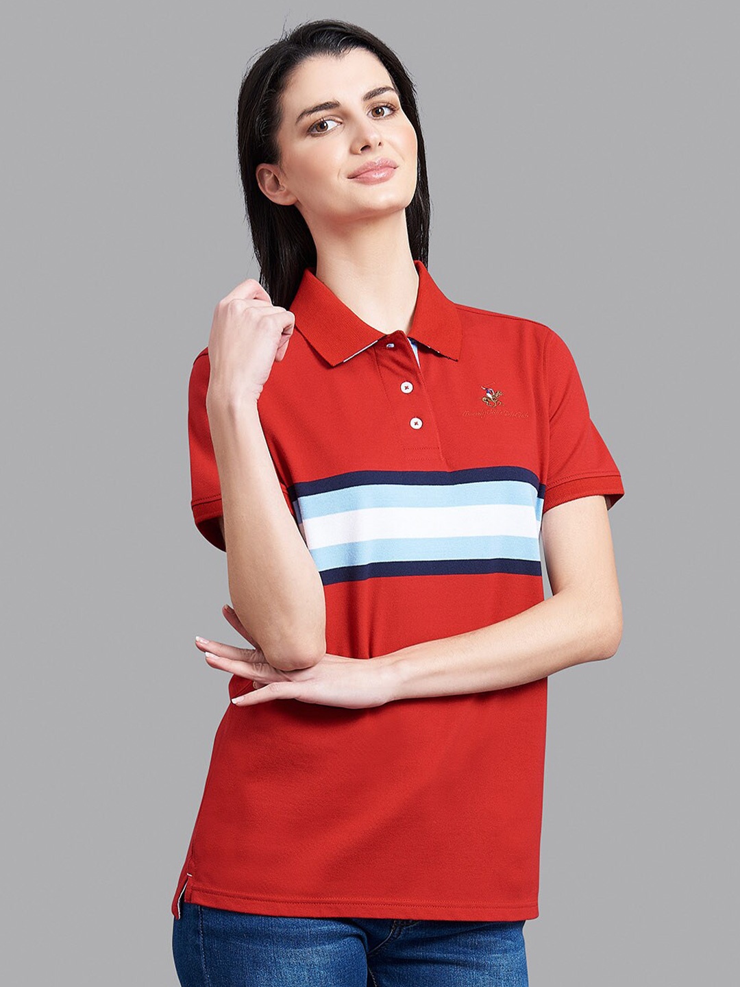 

Beverly Hills Polo Club Women Red & Blue Striped Polo Collar T-shirt