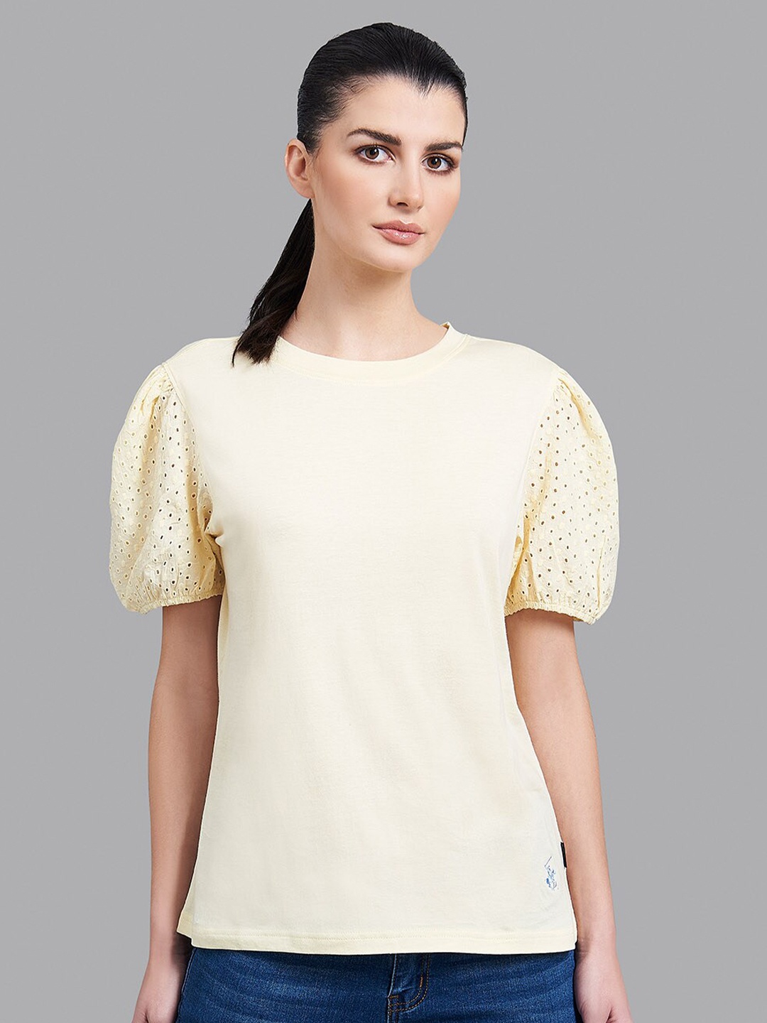 

Beverly Hills Polo Club Women Yellow Puff Sleeves Cut Outs T-shirt