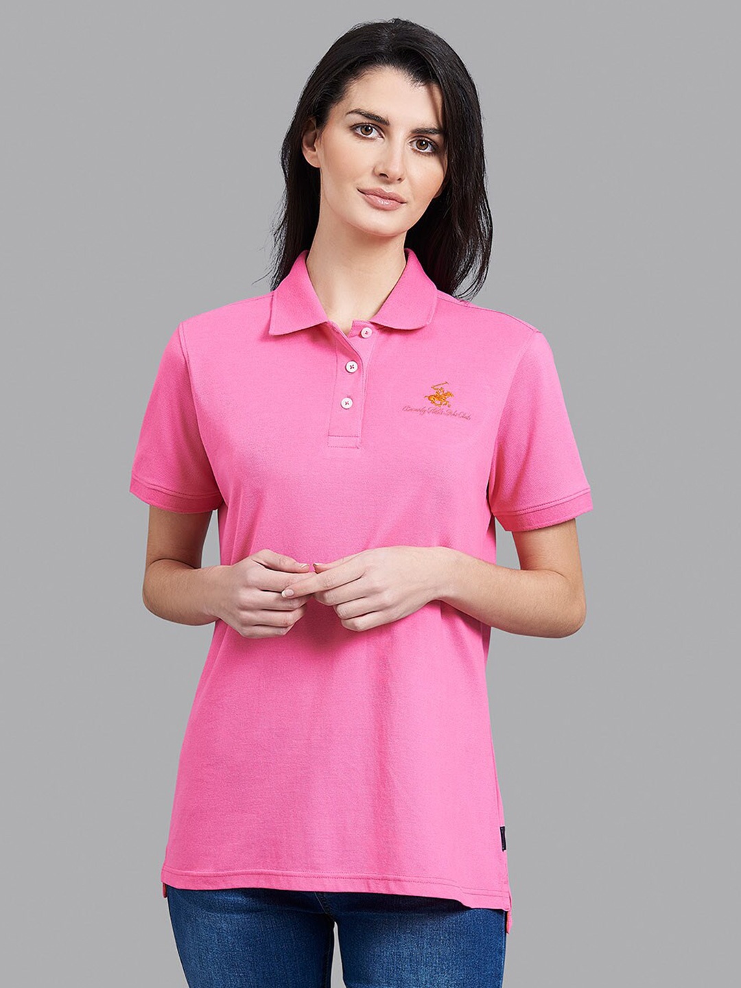 

Beverly Hills Polo Club Women Pink Solid Polo Collar Regular Fit T-shirt