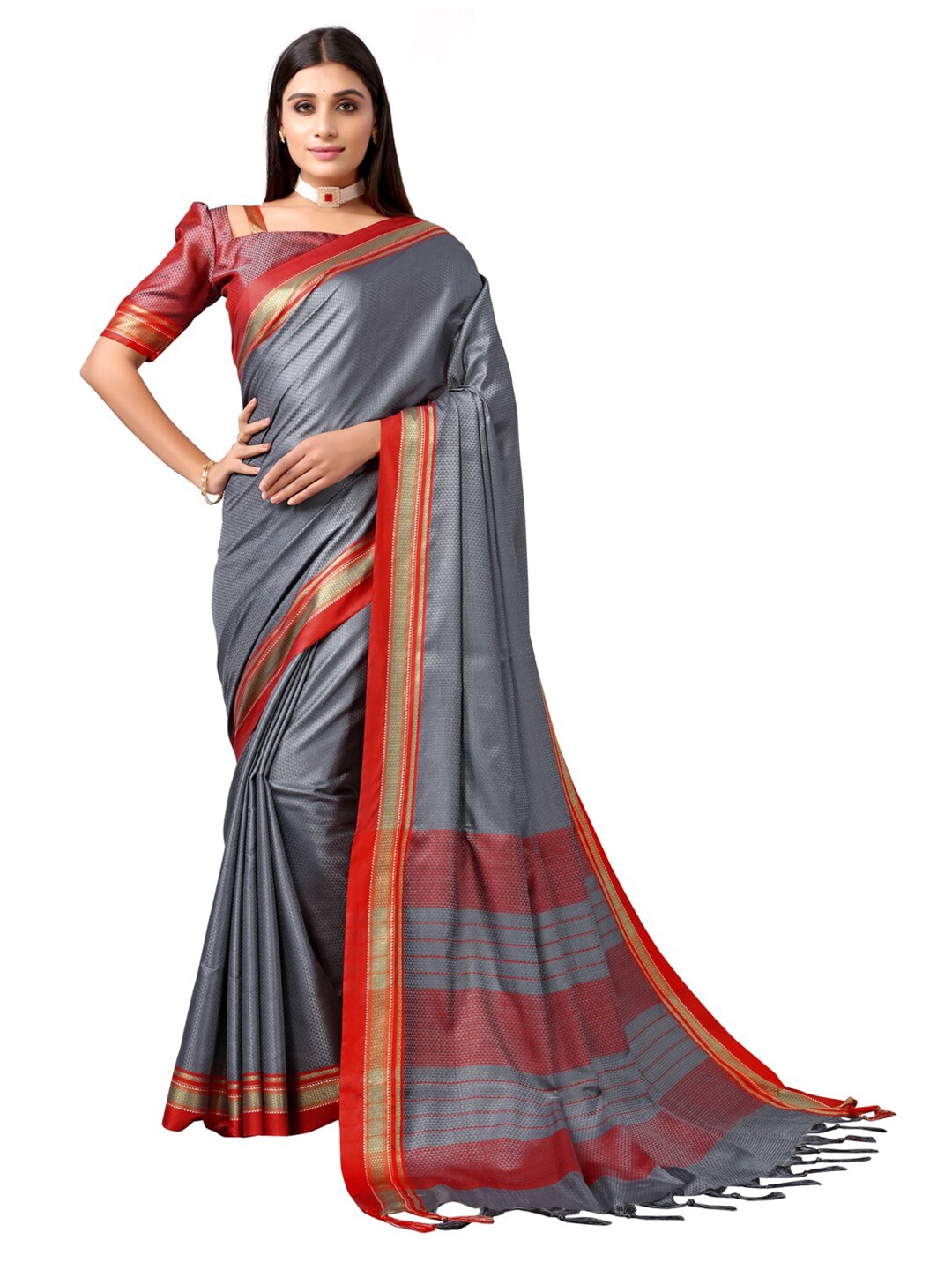 

KALINI Grey & Red Woven Design Zari Silk Cotton Saree