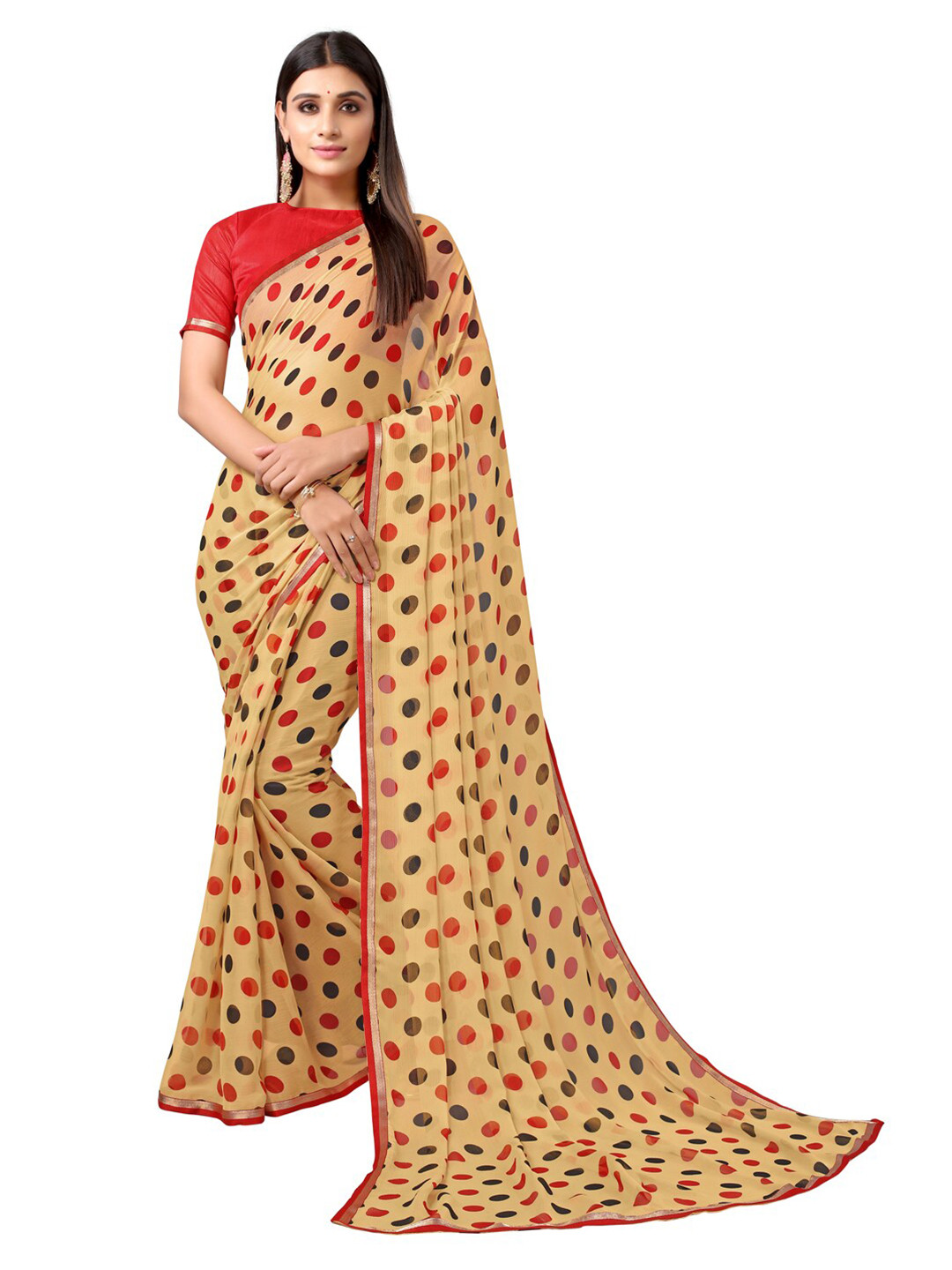 

KALINI Cream & Red Polka Dots Chiffon Saree