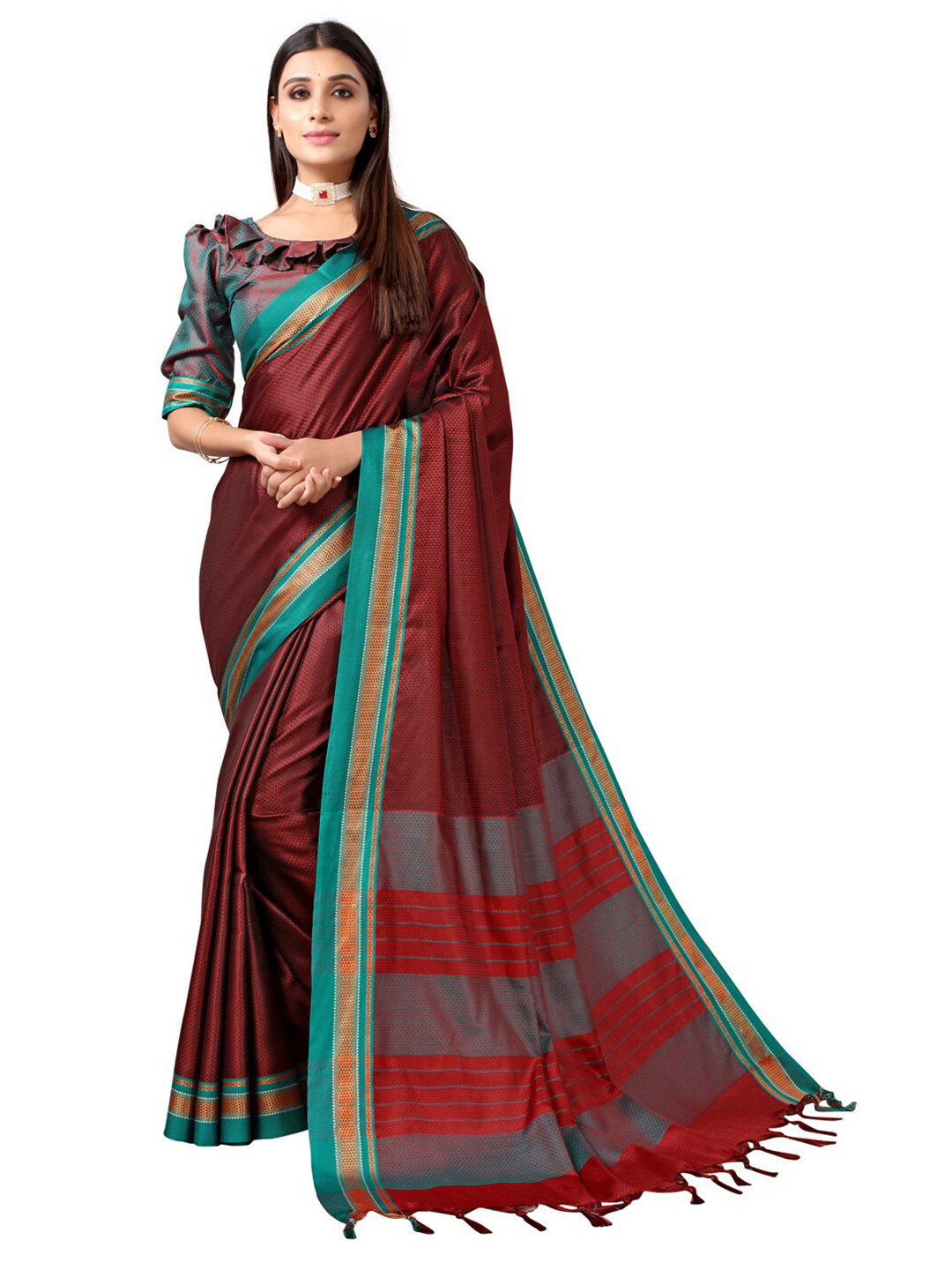 

KALINI Maroon & Blue Woven Design Ethnic Motifs Zari Silk Cotton Saree
