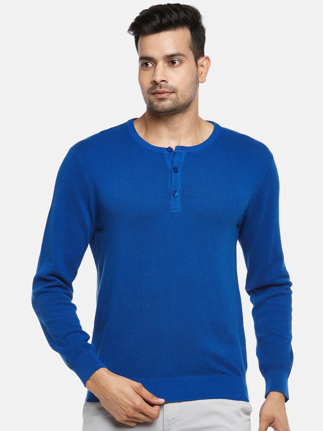 

BYFORD by Pantaloons Men Blue Pure Cotton Pullover