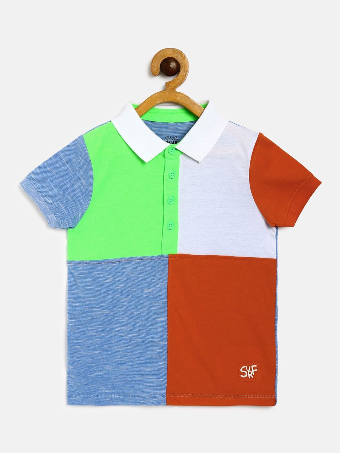 

MINI KLUB Boys Green & Red Colourblocked Polo Collar Organic Cotton T-shirt