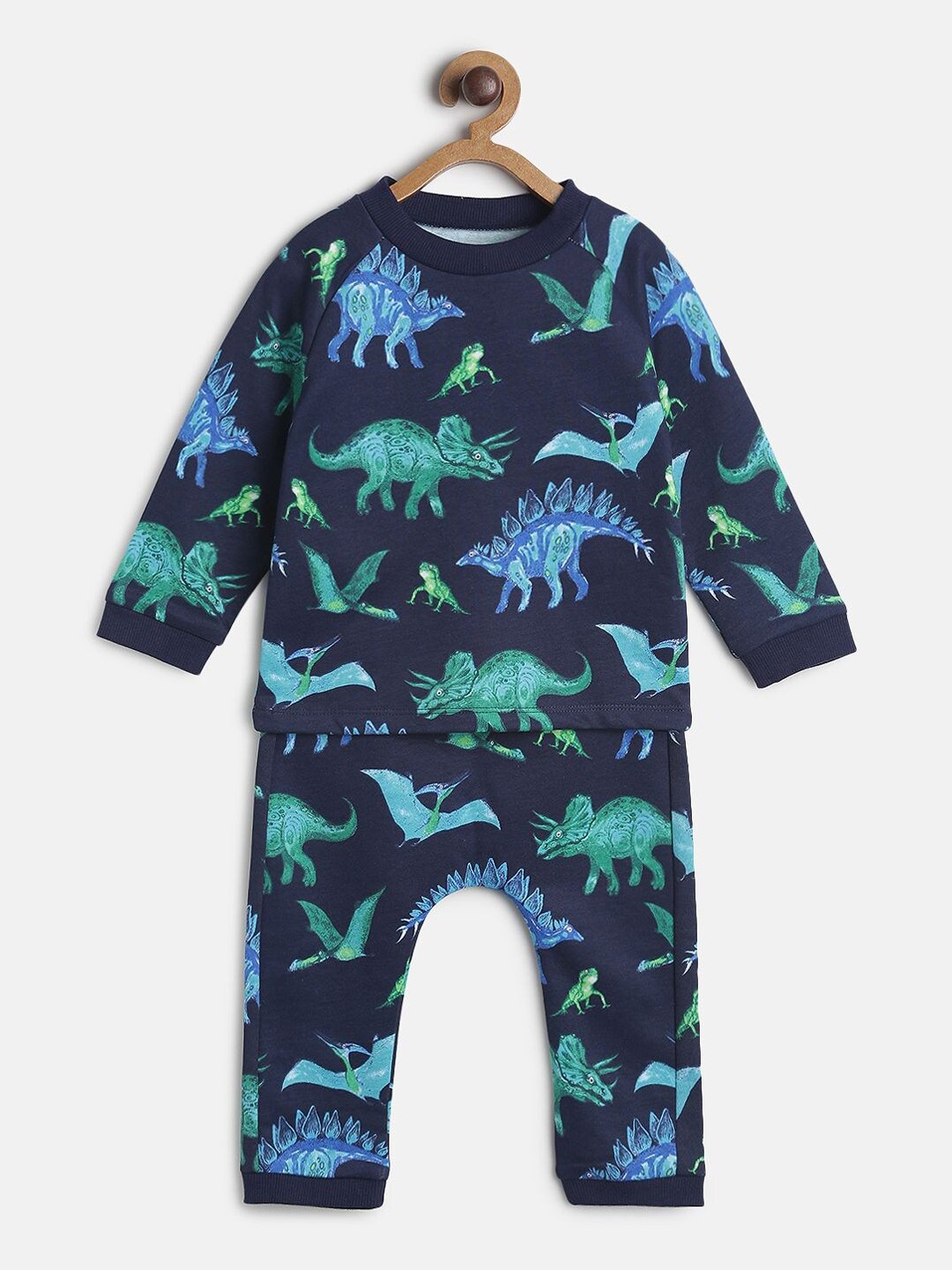 

MINI KLUB Infant Boys Navy-Blue & Green Printed Pure Cotton Tracksuit