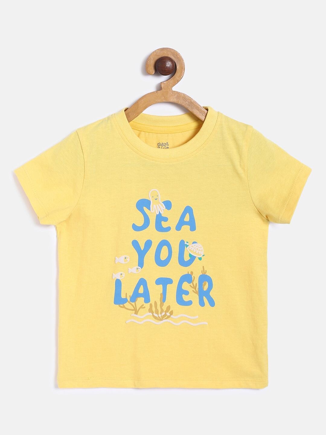 

MINI KLUB Boys Yellow & Blue Typography Printed Organic Cotton T-shirt