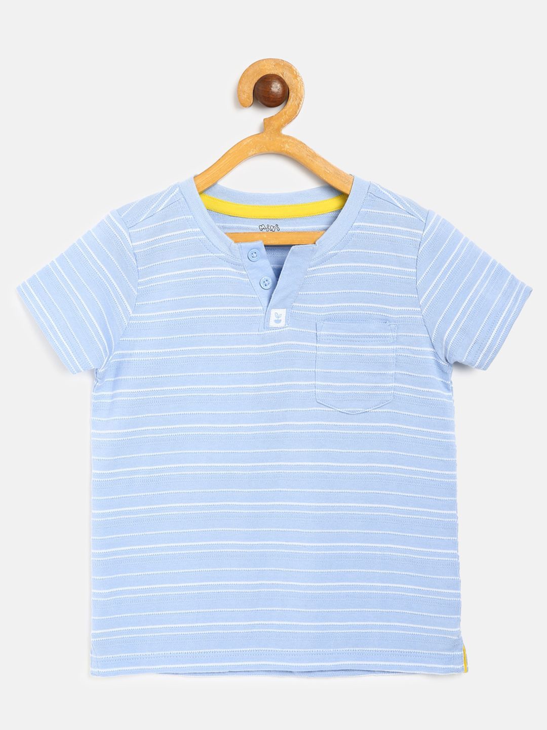 

MINI KLUB Boys Blue & White Striped Henley Neck Pure Organic Cotton Pockets T-shirt