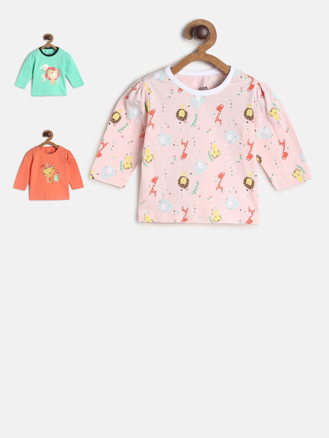 

MINI KLUB Infant Girls Pack of 3 Printed Pure Cotton Tops, Pink