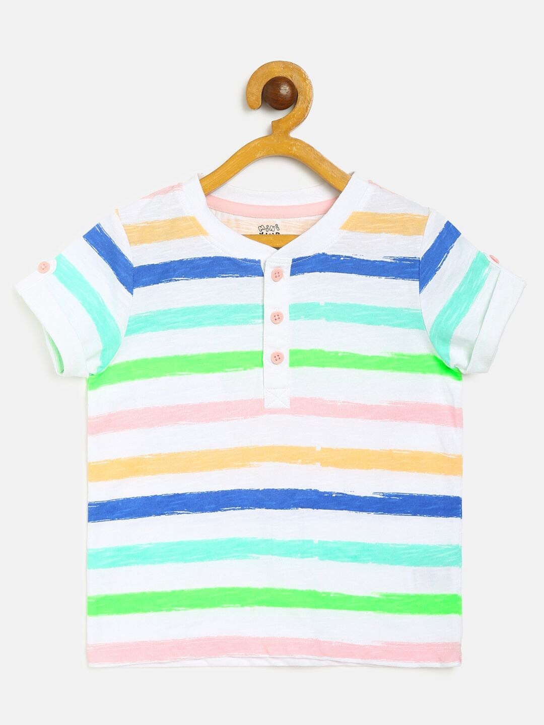 

MINI KLUB Boys White & Multicoloured Striped Henley Neck Organic Cotton T-shirt
