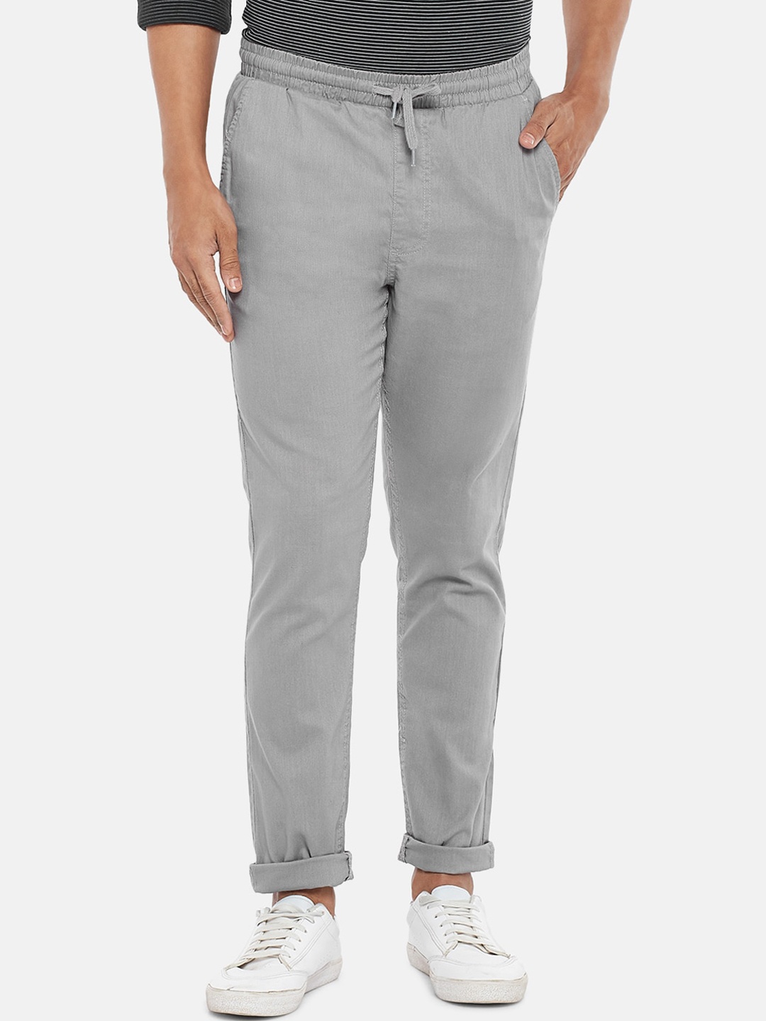 

Urban Ranger by pantaloons Men Grey Pure Cotton Slim Fit Trousers