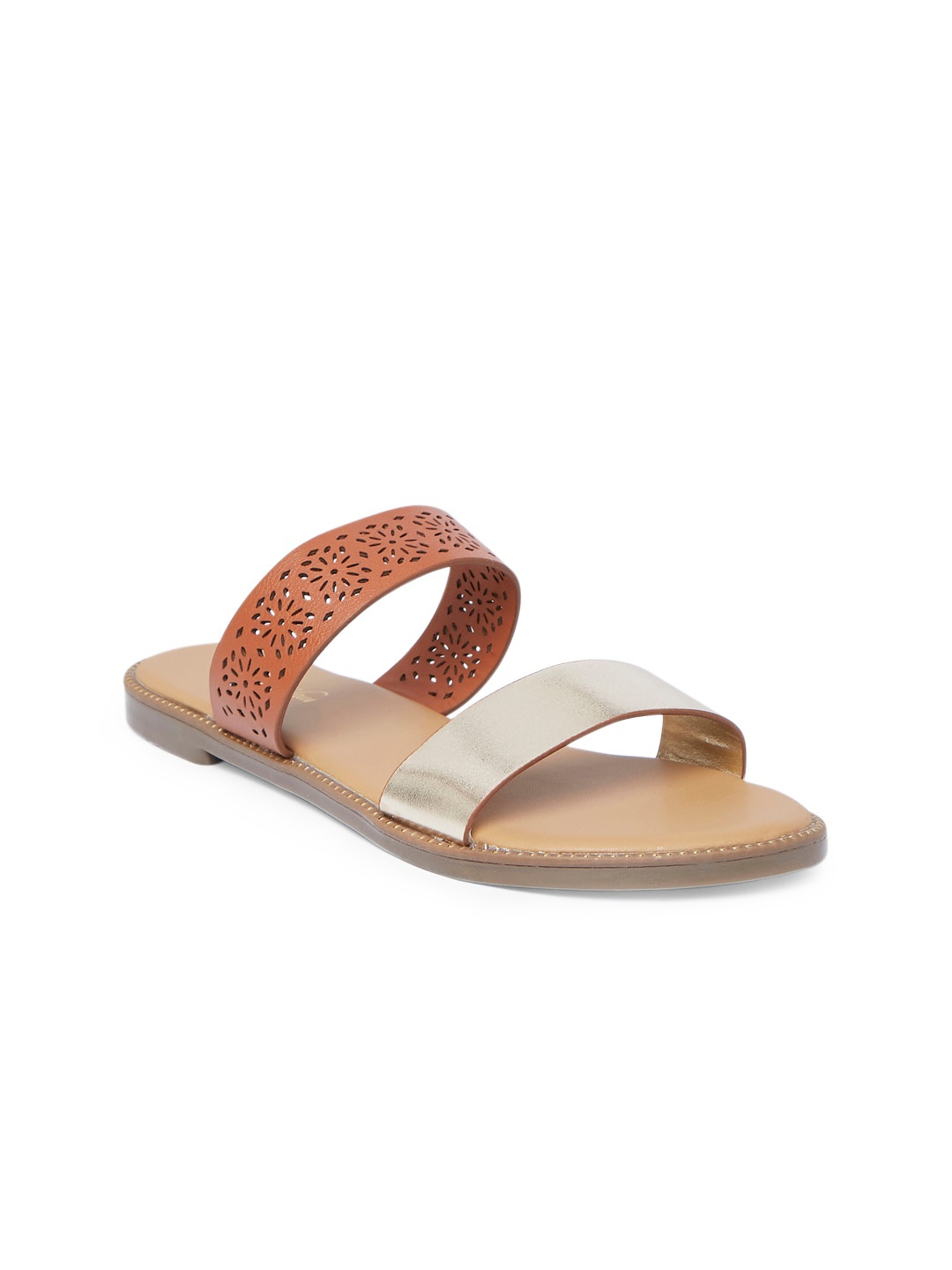 

Forever Glam by Pantaloons Women Tan Textured Open Toe Flats with Laser Cuts