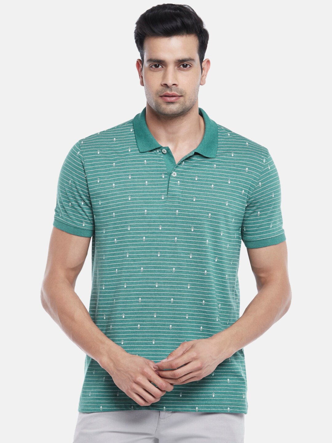 

BYFORD by Pantaloons Men Green & White Printed Polo Collar Slim Fit T-shirt
