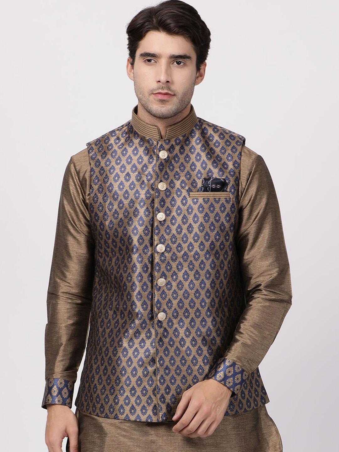 

VASTRAMAY Men Navy Blue & Brown Woven Design Woven Nehru Jacket