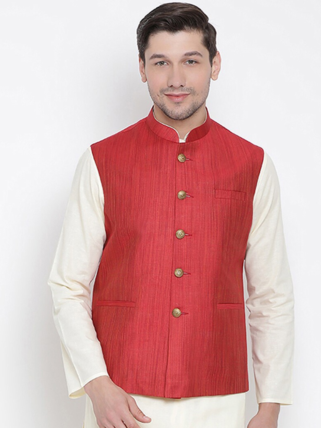 

VASTRAMAY Men Maroon Solid Slim-Fit Nehru Jacket