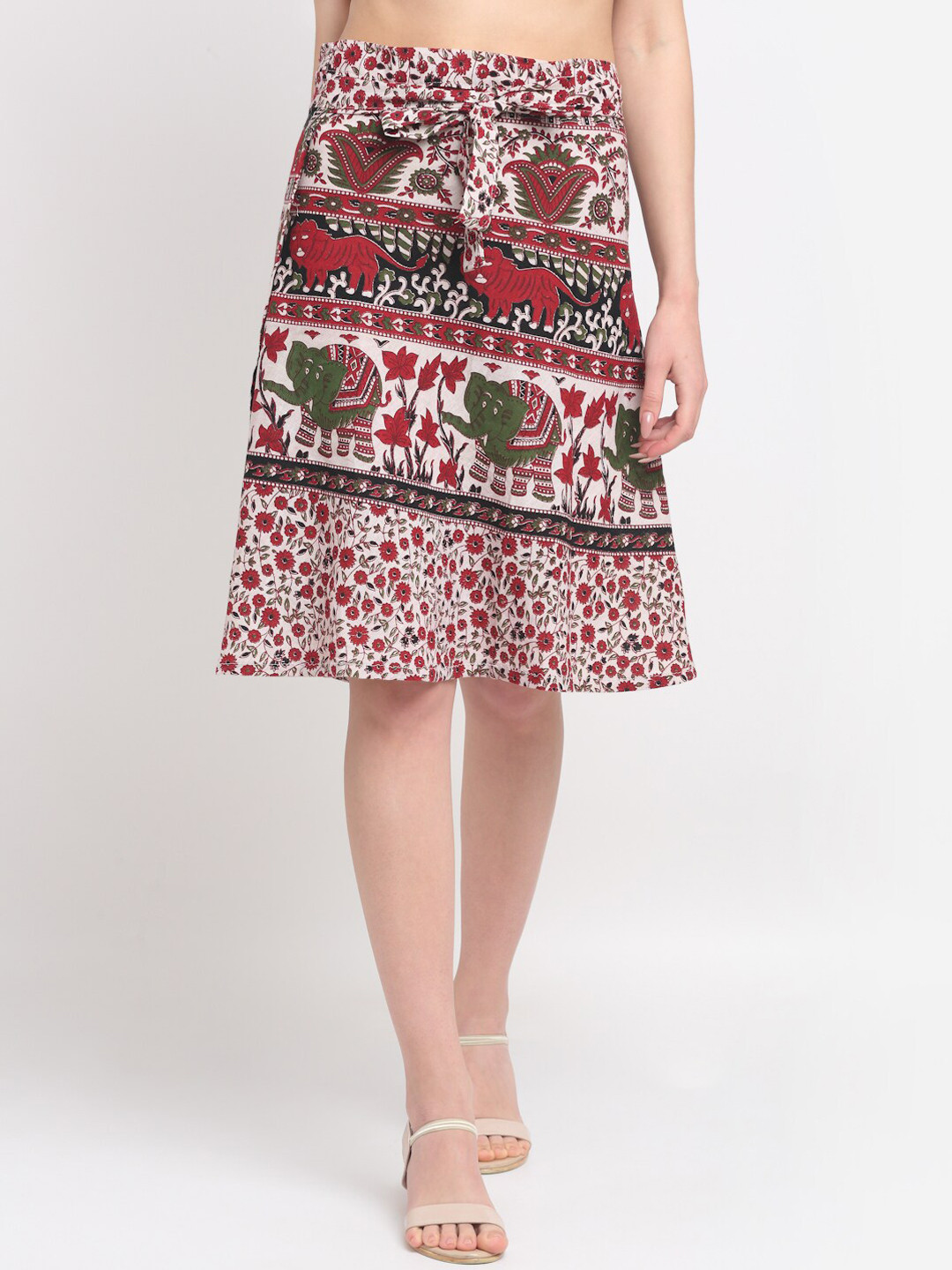 

SOUNDARYA Women White & Red Printed Wrap-Around Knee-Length Skirt