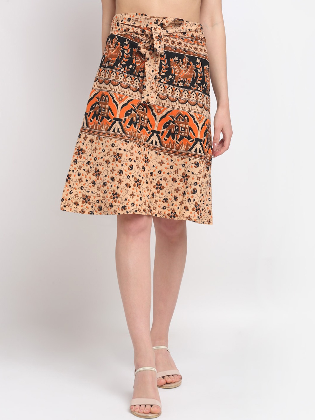 

SOUNDARYA Woman Beige & Black Printed Pure Cotton Knee-Length Skirt