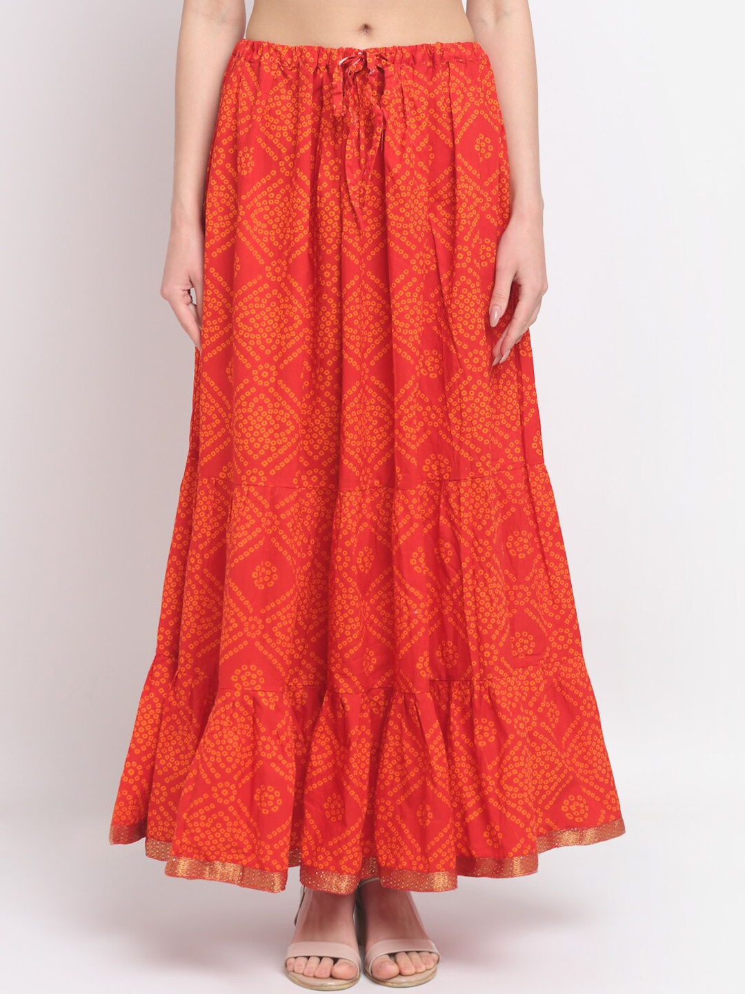 

SOUNDARYA Women Orange Bandhej Printed Cotton Flared Maxi Skirt