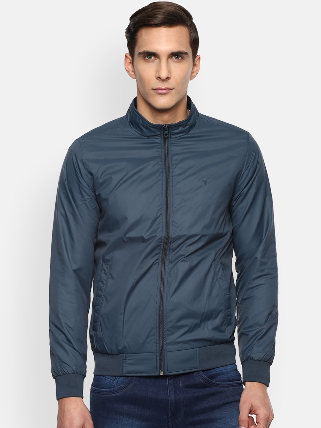 

Van Heusen Sport Men Navy Blue Solid Mock Collar Bomber Jacket