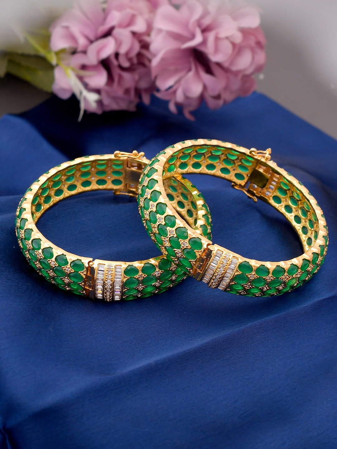 

Silvermerc Designs Green & White Set Of 2 Gold-Plated AD-Studded Bangles