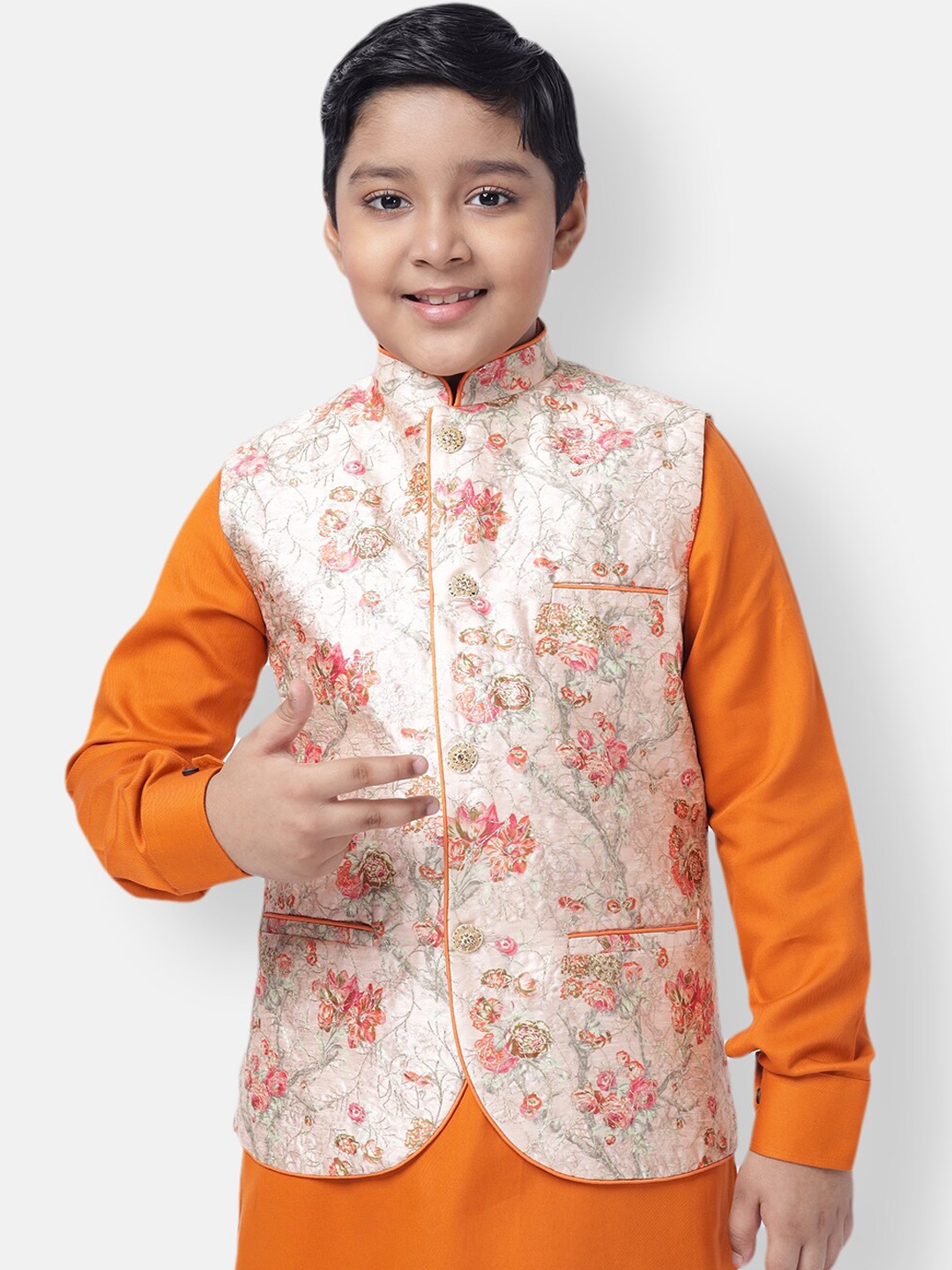 

NAMASKAR Boys White & Peach Printed Woven Nehru Jacket
