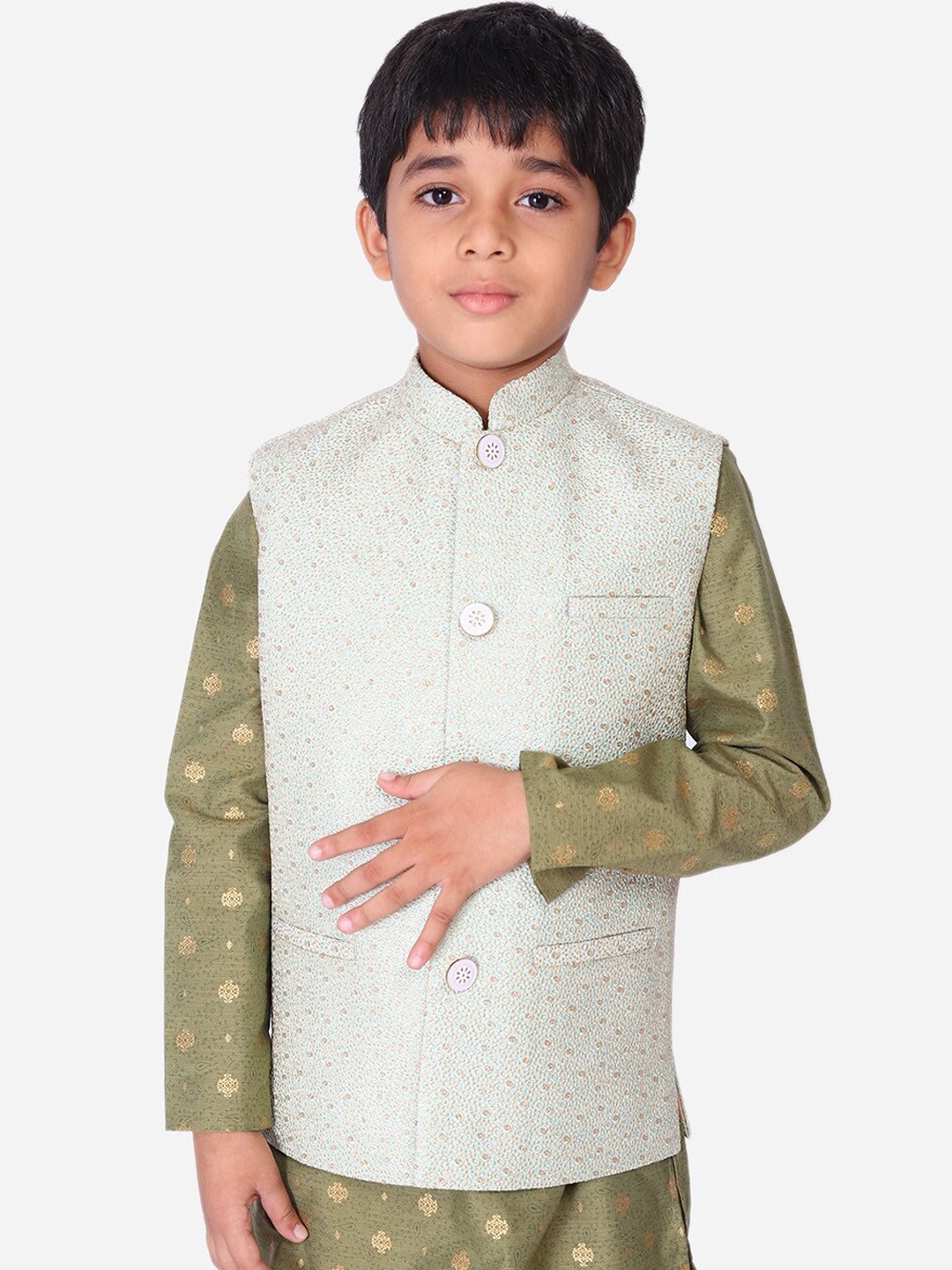 

NAMASKAR Boys Green Woven Design Nehru Jacket