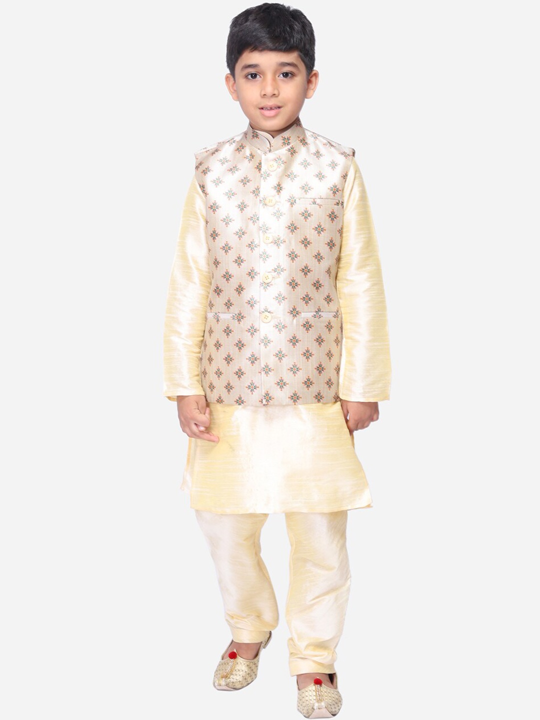 

NAMASKAR Boys Beige & Teal Blue Woven Design Pure Silk Nehru Jacket