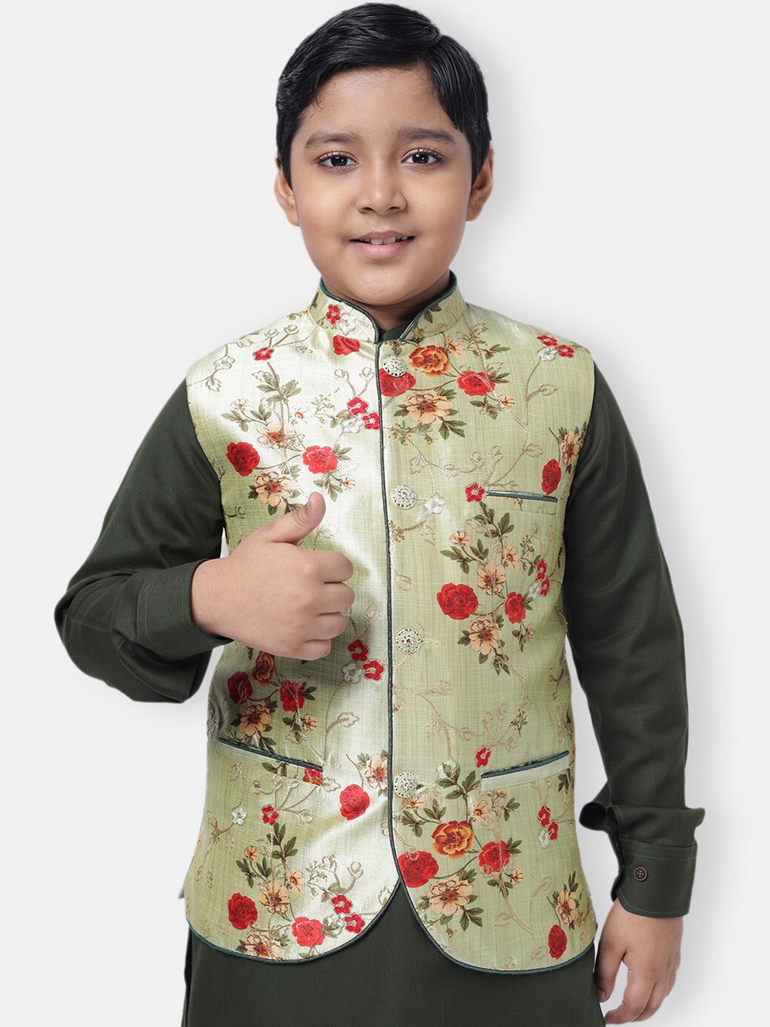 

NAMASKAR Boys Nehru Green Jacket