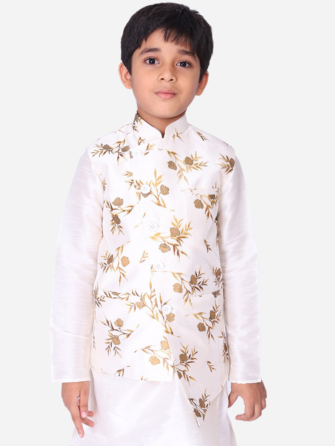 

NAMASKAR Boys White Floral Printed Silk Nehru Jacket
