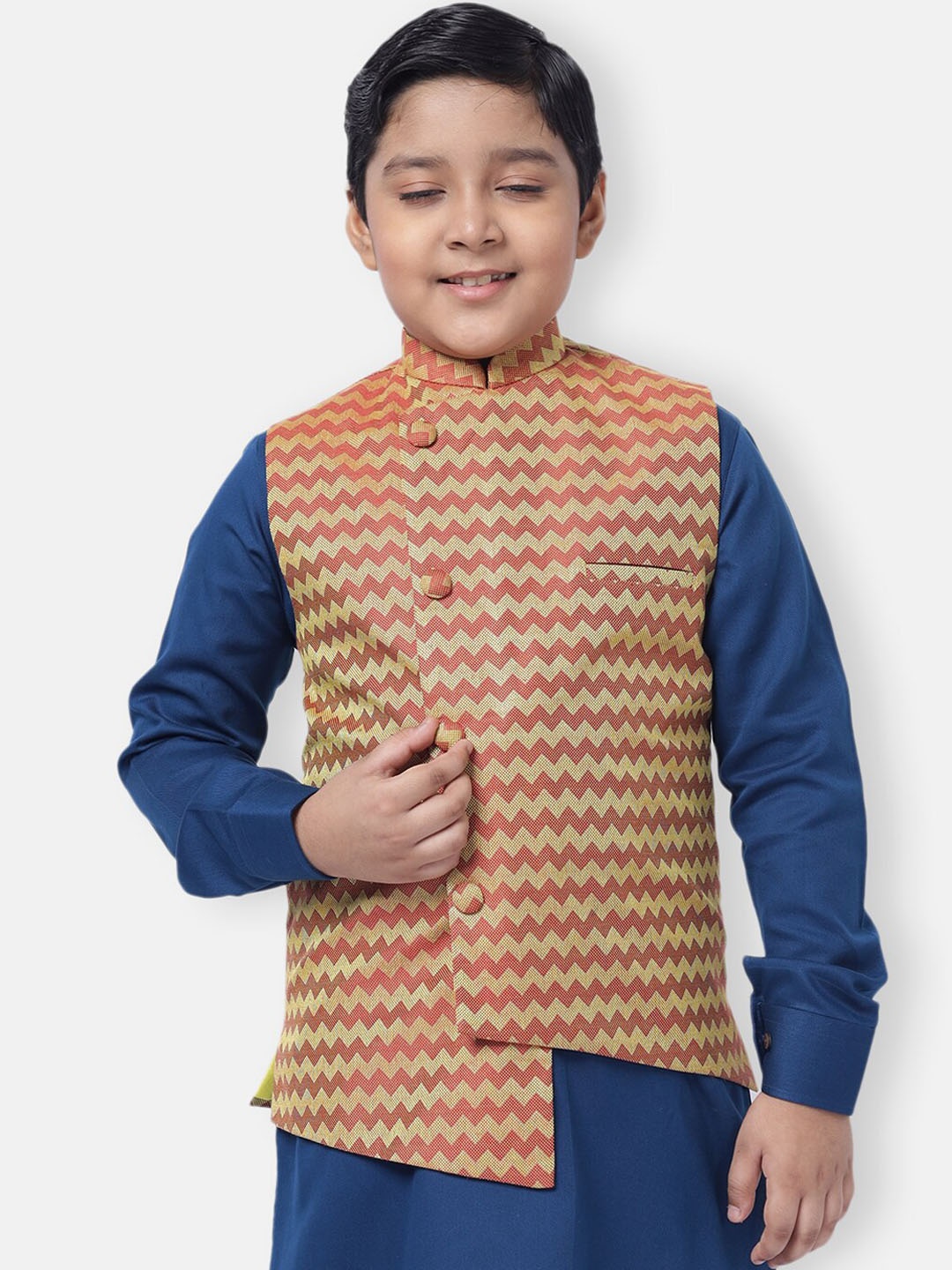 

NAMASKAR Boys Maroon Printed Regular Fit Pure Cotton Nehru Jacket