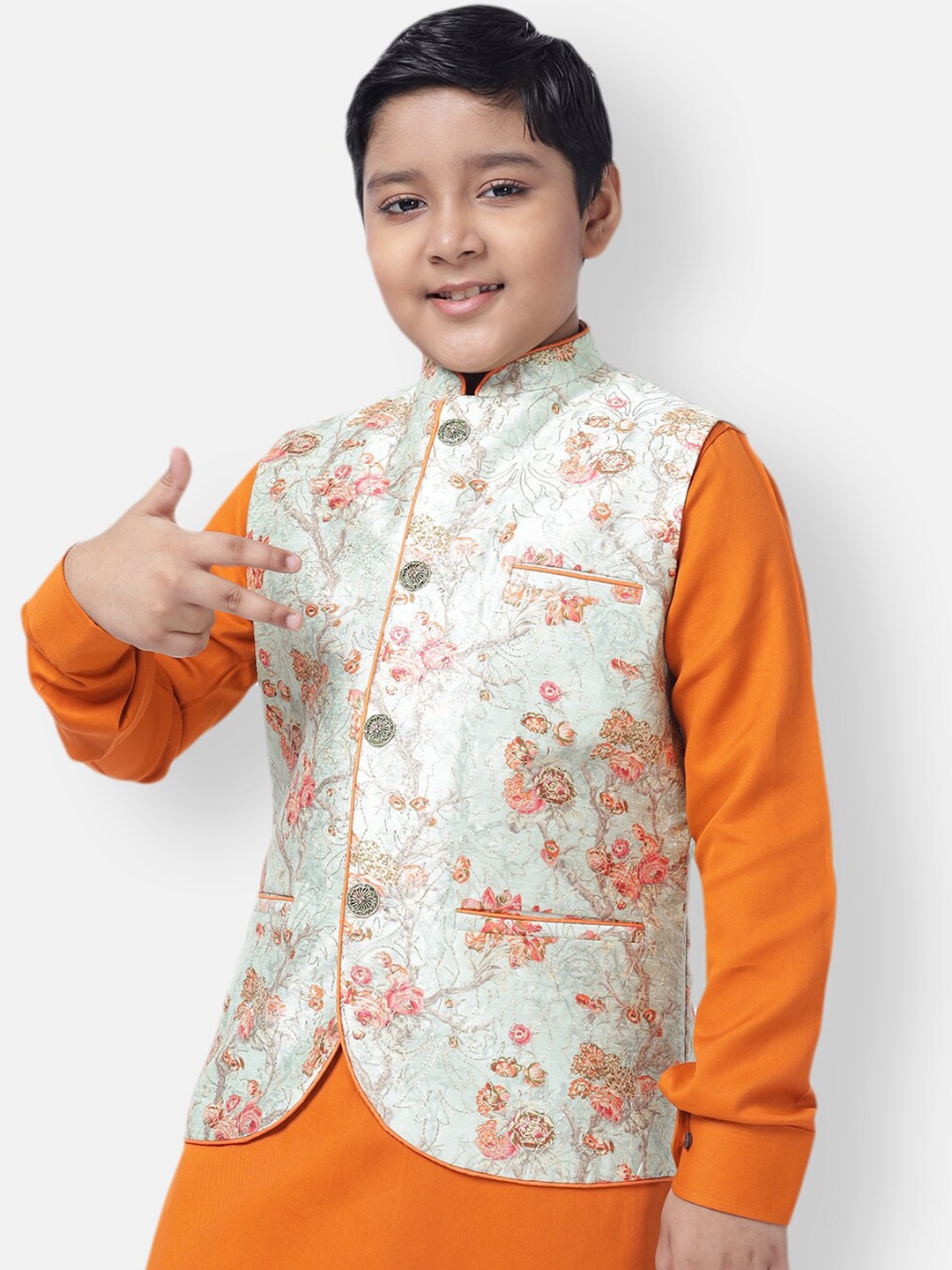 

NAMASKAR Boys Green & Pink Woven Design Nehru Jacket