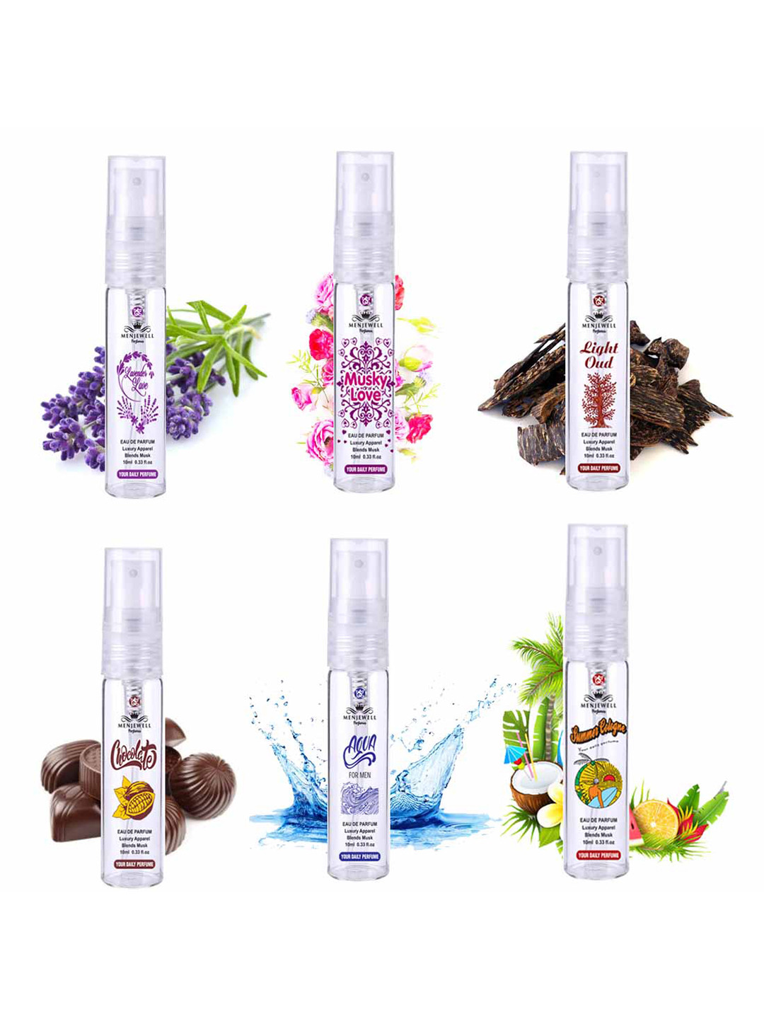 

Menjewell Perfumes Men Set of 6 Fine Fragrance Eau De Perfume 10 ml each, Transparent