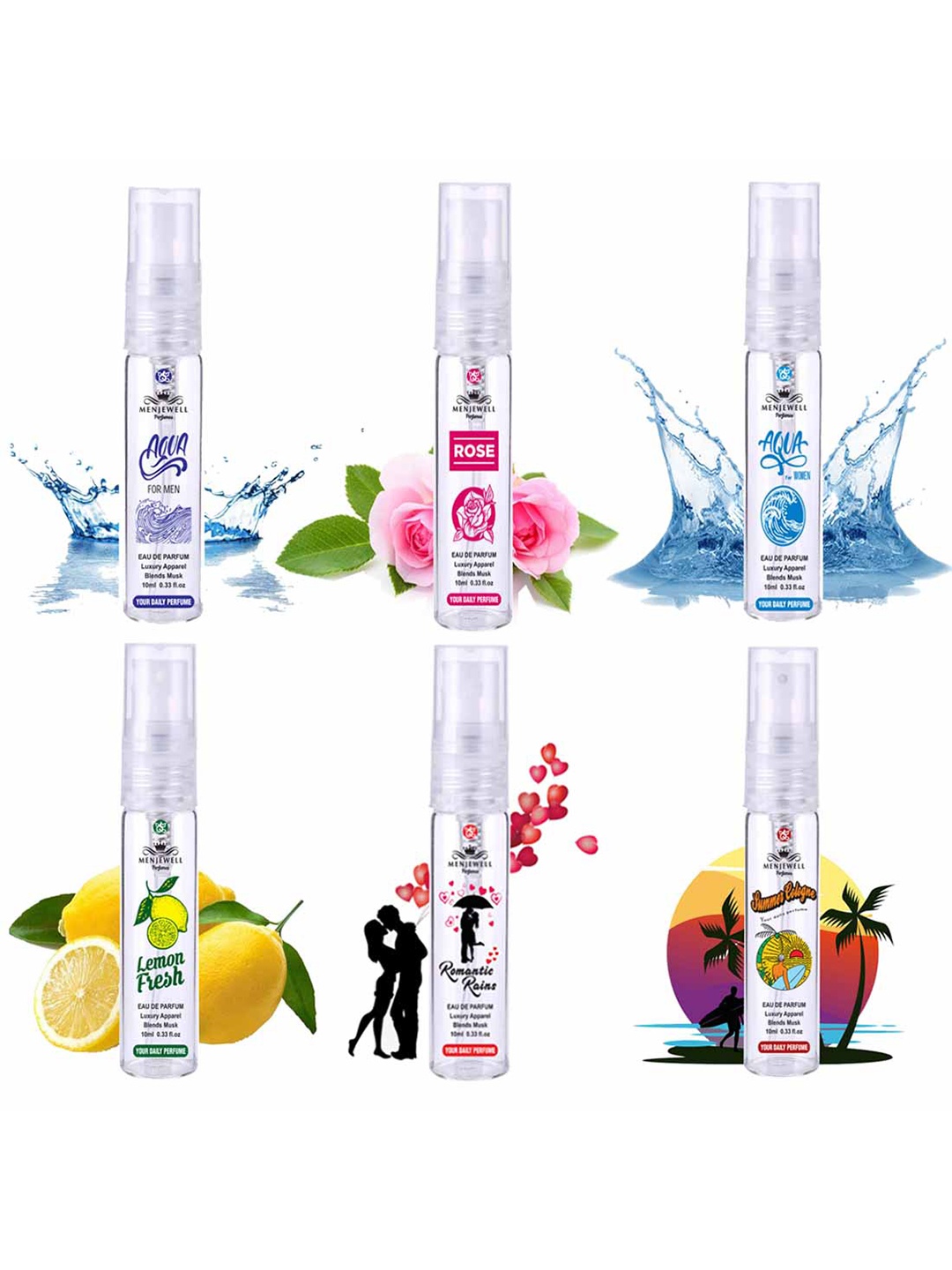 

Menjewell Perfumes Set of 6 Fine Fragrance Eau De Perfume 10 ml each, Transparent