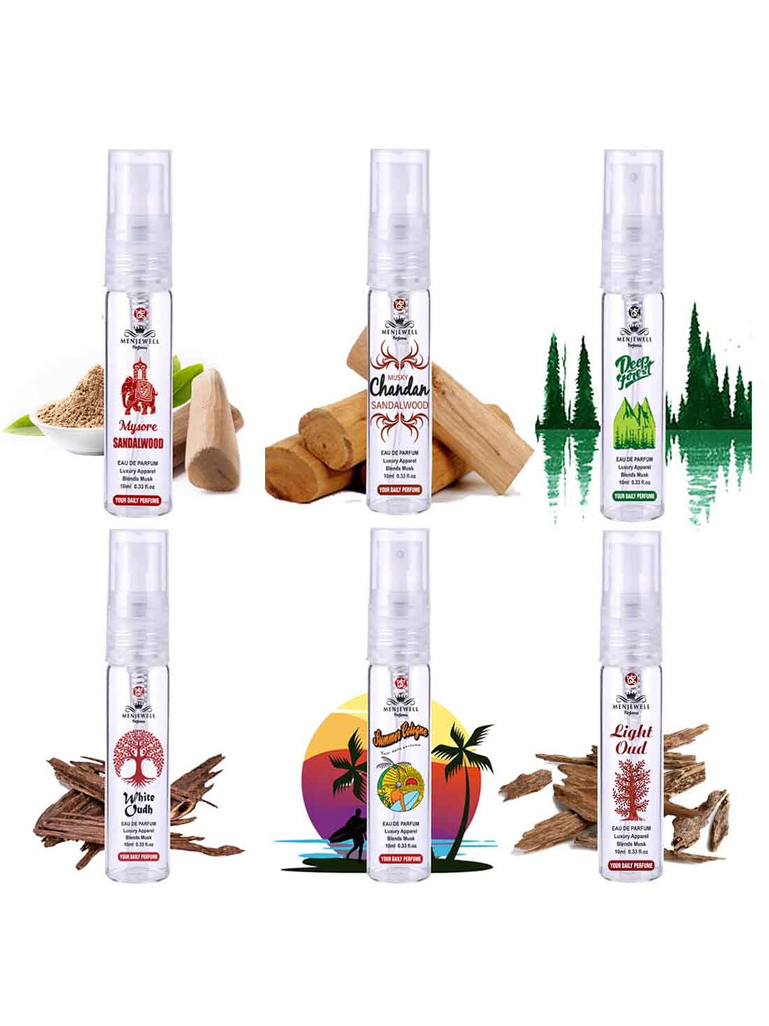 

Menjewell Perfumes Men Set of 6 Fine Fragrance Eau De Perfume 10 ml each, Transparent